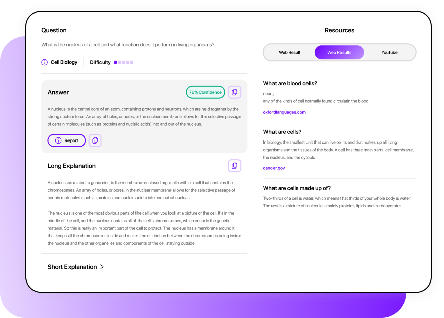 Smodin graphic of its AI homework solver displaying a question, answer with confidence rating, explanations, and resources.