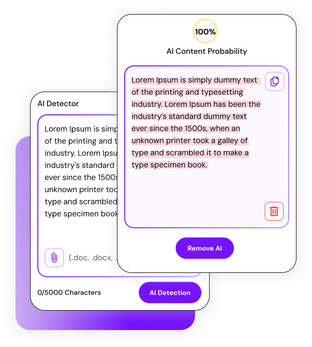 Smodin graphic its AI content remover UI, highlighting detected AI-generated text with a probability score and removal option.