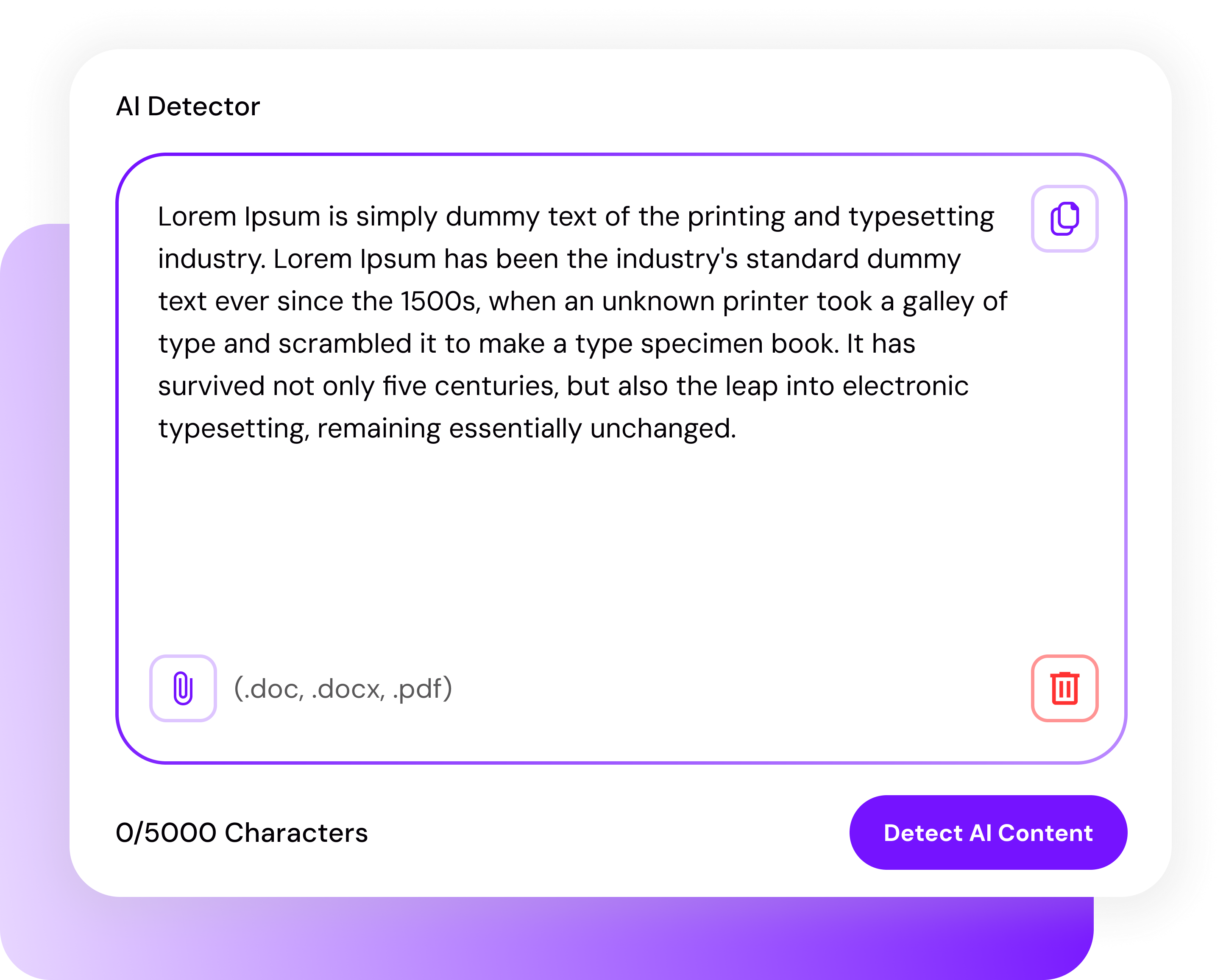 Smodin AI Detector interface showing a text box with placeholder text, file upload options, and a `Detect AI Content` button.