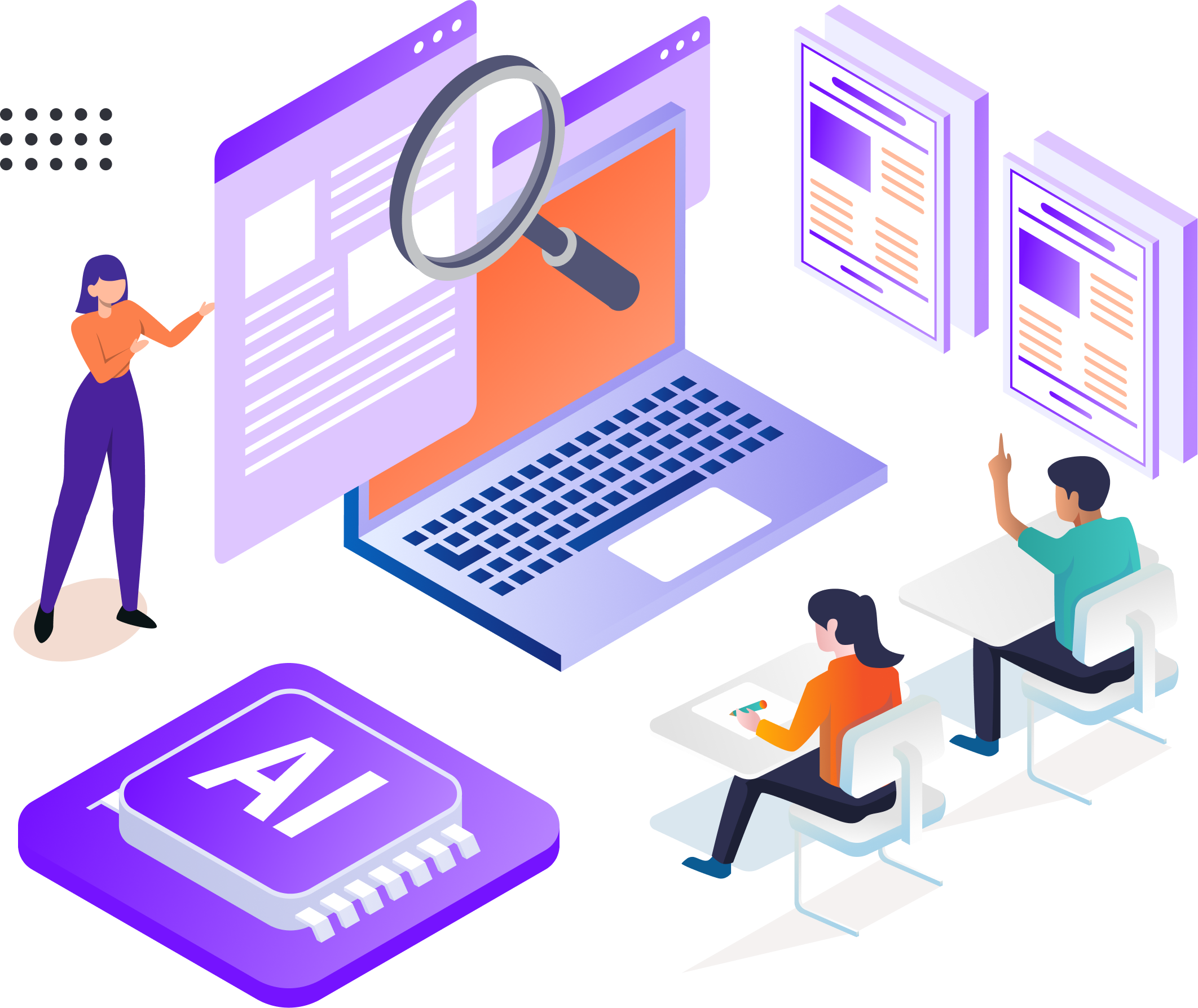 Smodin graphic of AI content detection featuring a laptop, magnifying glass, AI chip, documents, and people analyzing content.