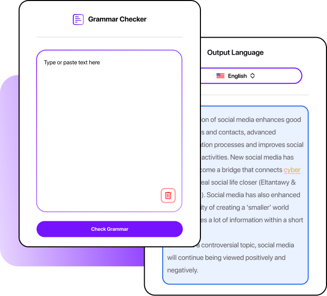 Smodin Grammar Checker UI with a text input box and an output language selection, displaying corrected text suggestions.