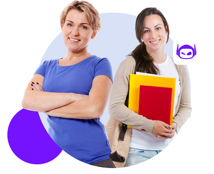 Smodin graphic of a student holding books and her mom, with a review from a mom praising Smodin for helping her daughter.