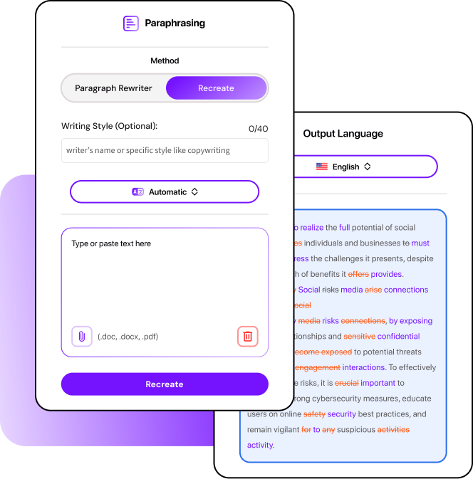 Graphic of Smodin's paraphrasing tool with input options for text, writing style, and output language, and a rewritten preview.
