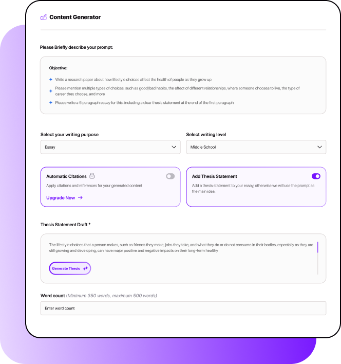 Smodin graphic of its AI content generator with options for purpose, writing level, thesis statement input, and word count.