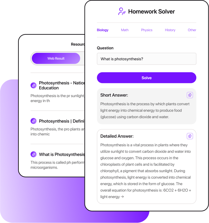 Smodin graphic of their Homework Solver interface layered over a square with a purple gradient.