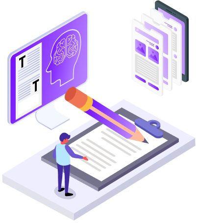 Smodin graphic of a digital writing and research concept, with a man on a clipboard, a large pencil, and AI text generation.