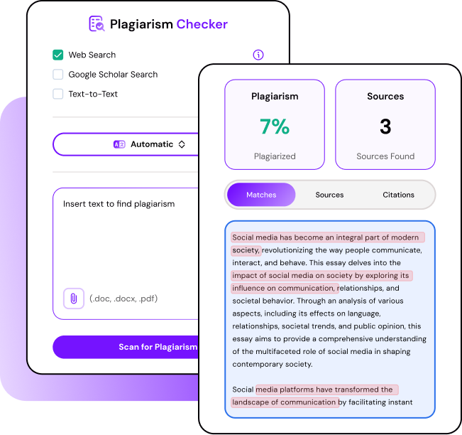 Graphic of Smodin's plagiarism checker showing input options and a results panel displaying a 7% plagiarism score with matches.