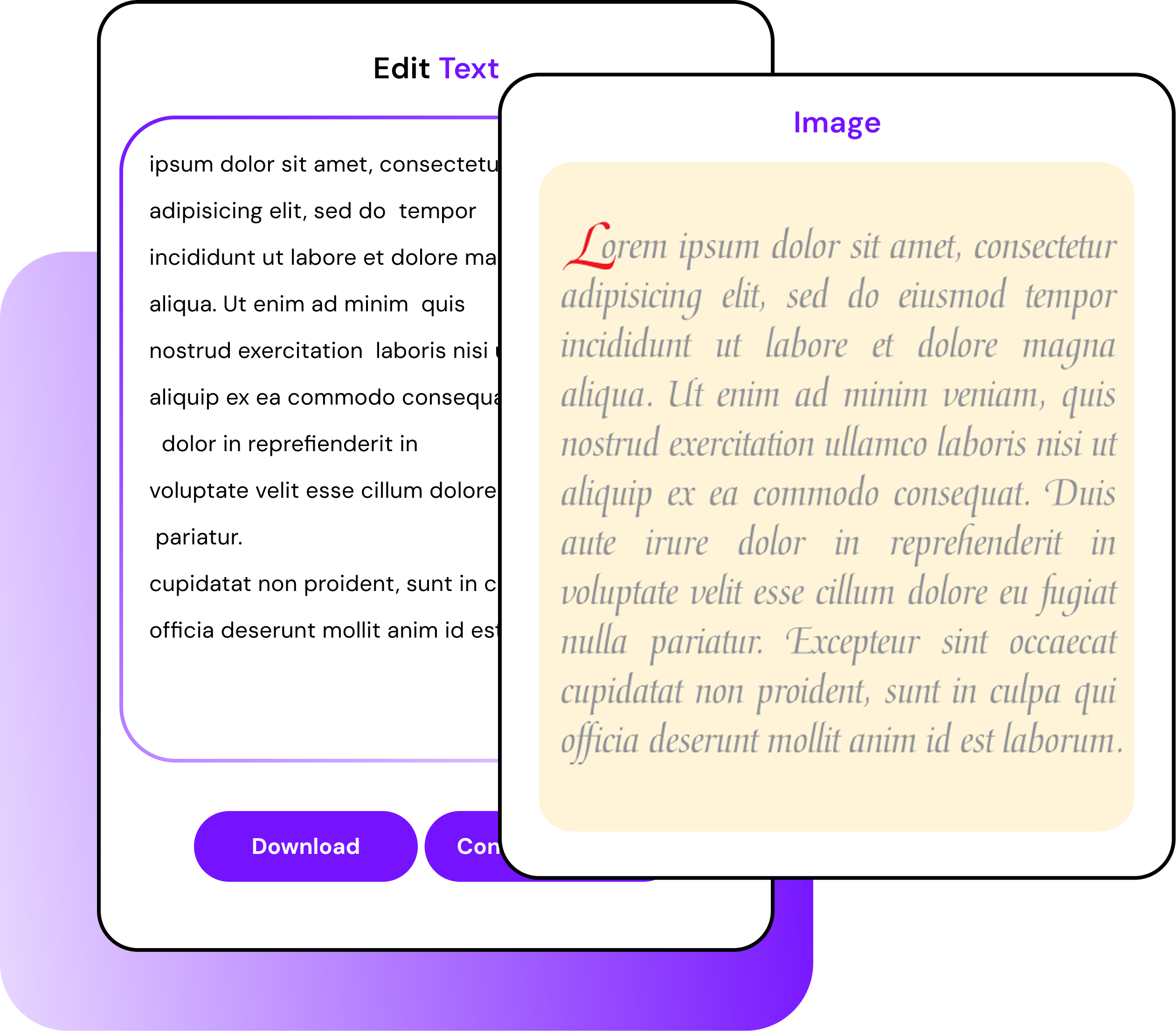 Graphic of Smodin image-to-text tool with a text box on the left & an image on the right, with download & convert buttons.