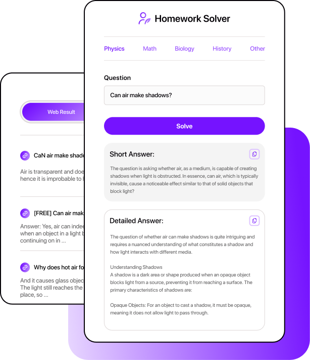 Smodin Homework Solver UI showing a physics question, short & detailed answers, & web search results for further reference.