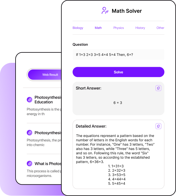 Smodin AI Math Solver UI displaying a math question with a fact-based answer, a "Solve" button, and a detailed explanation.