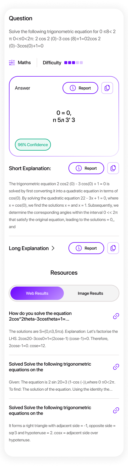 Smodin AI Math Solver UI solving an equation, displaying the answer, confidence level, short explanation, and resources.