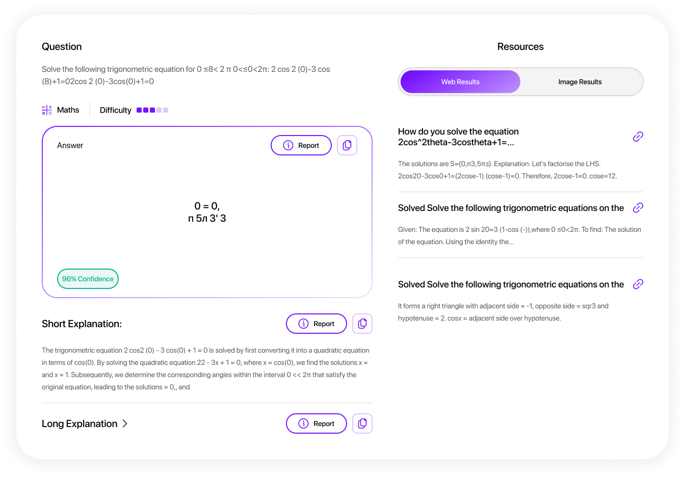 Smodin AI Math Solver UI solving an equation, displaying the answer, confidence level, short explanation, and resources.