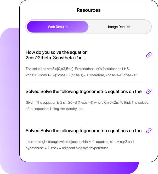Smodin Math Solver UI displaying web resources for solving an equation, with links to explanations and related solutions.