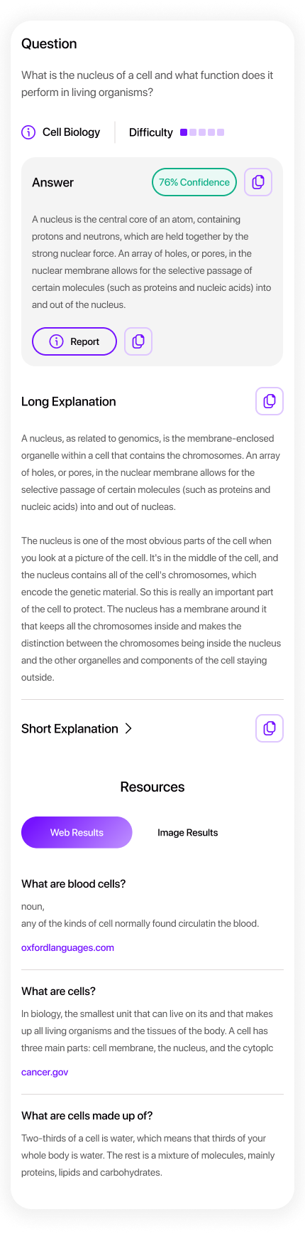 Smodin Homework Solver UI answering a question about cells, displaying confidence level, long explanation, and web resources.