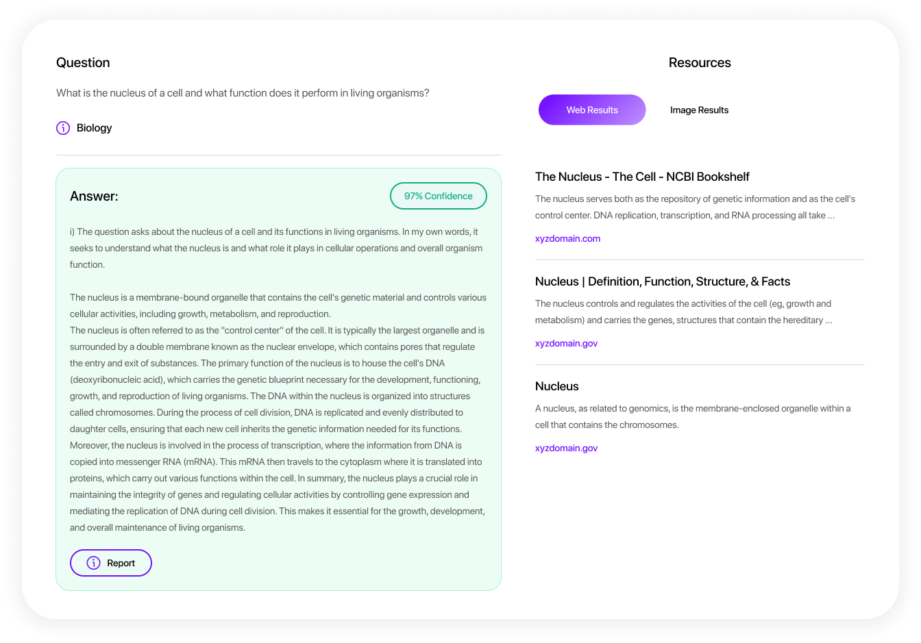 Smodin Homework Solver UI answering a question about cells, displaying confidence level, long explanation, and web resources.