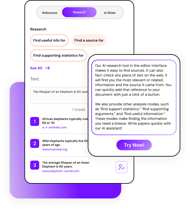 Smodin graphic of it's AI Research Writer with options to find sources, statistics, and reference generation.