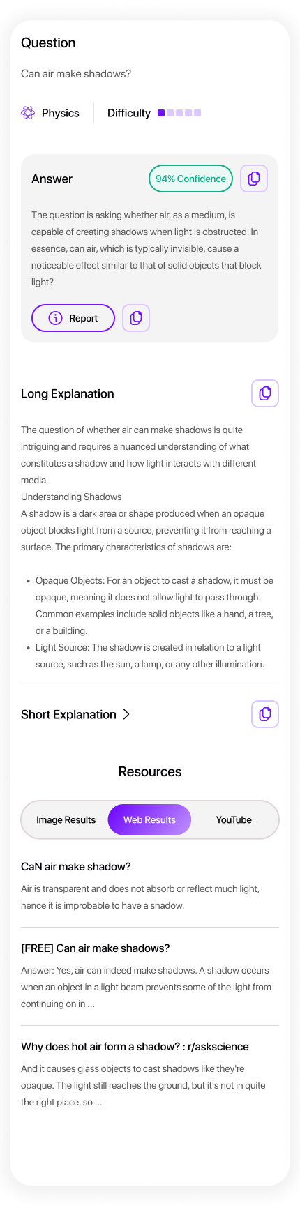Smodin AI physics homework solver UI displaying a sample question, confidence level, detailed explanation, & web resources.