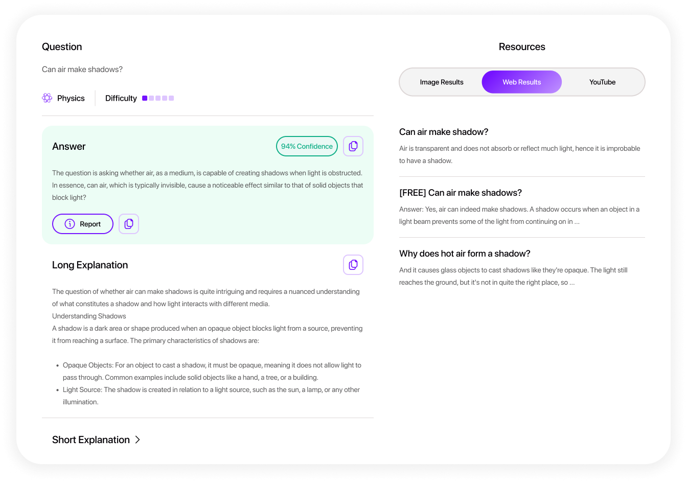 Smodin AI physics homework solver UI displaying a sample question, confidence level, detailed explanation, & web resources.