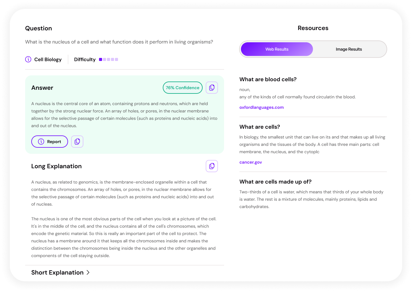 Smodin AI biology solver displaying a cell nucleus explanation, confidence level, detailed answer, and web resource links.