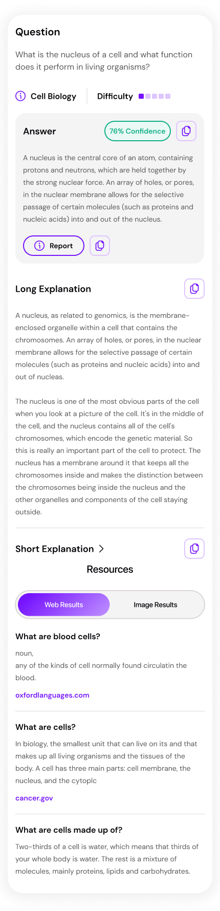 Smodin AI biology solver displaying a cell nucleus explanation, confidence level, detailed answer, and web resource links.