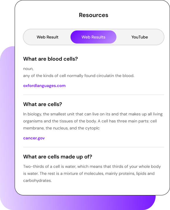 Smodin Resources UI displaying web results related to biology topics, including blood cells, cell structure, and composition.