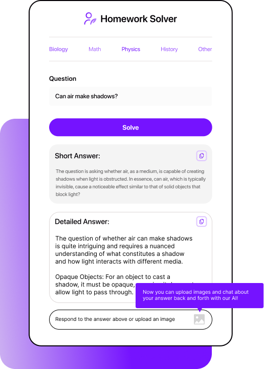 Smodin AI Physics Solver displaying a sample question, short & detailed answers, & an option to respond or upload images.