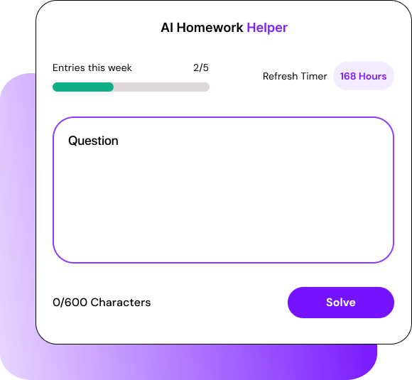 Smodin AI Homework Helper UI displaying a question input box, entry limit tracker, refresh timer, and a "Solve" button.
