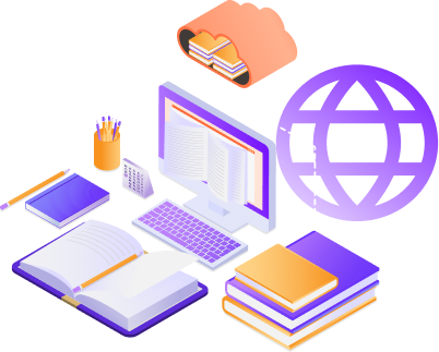 Smodin graphic of books, a computer, a globe icon, and a cloud storage symbol, representing global AI writing assistance.