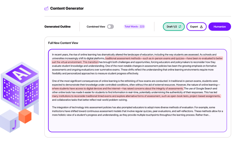 Smodin graphic of its AI content generator, displaying text and export and download options with AI-themed elements behind it.